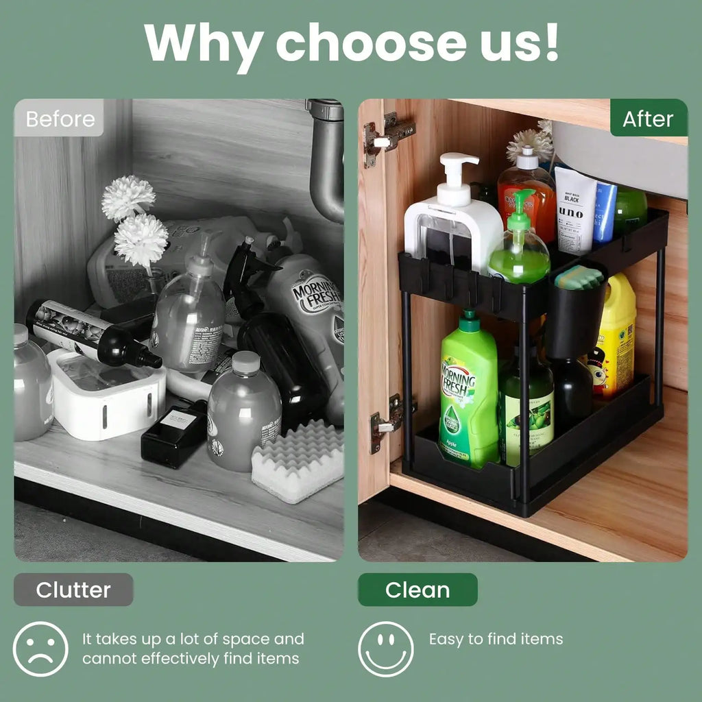 Black Nestlyra 2-tier under-sink organizer with pull-out storage rack