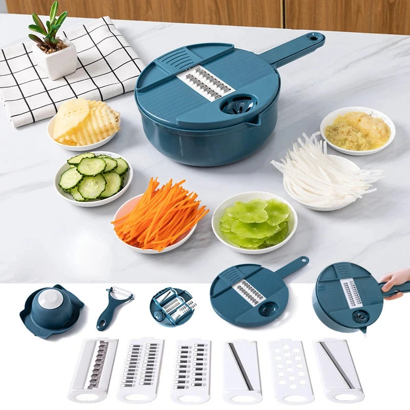 Manual kitchen chopper for slicing and shredding vegetables