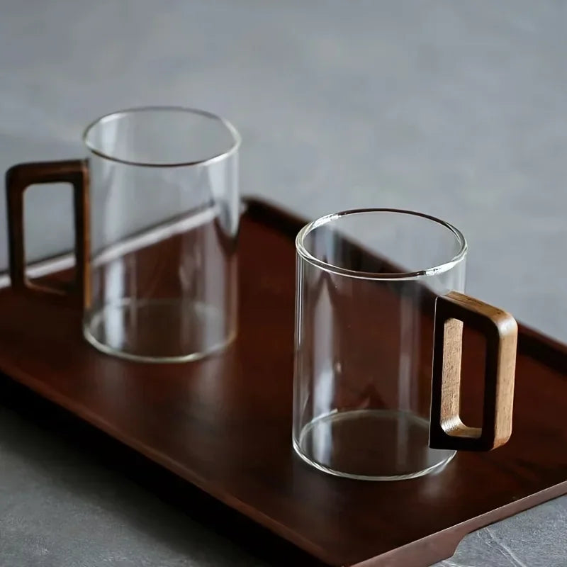 Insulated Glass Coffee Cups with Walnut Handle – 400ml