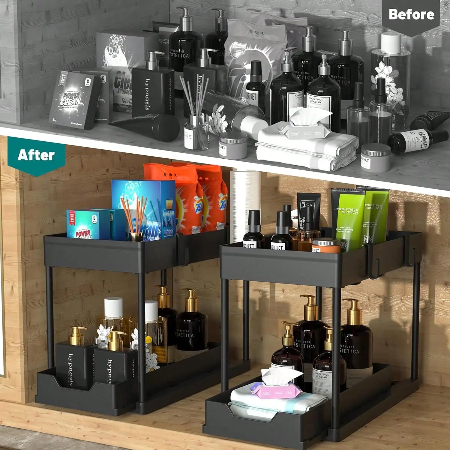 Black Nestlyra 2-tier under-sink organizer with pull-out storage rack