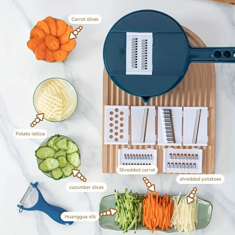 Compact manual vegetable chopping and slicing set