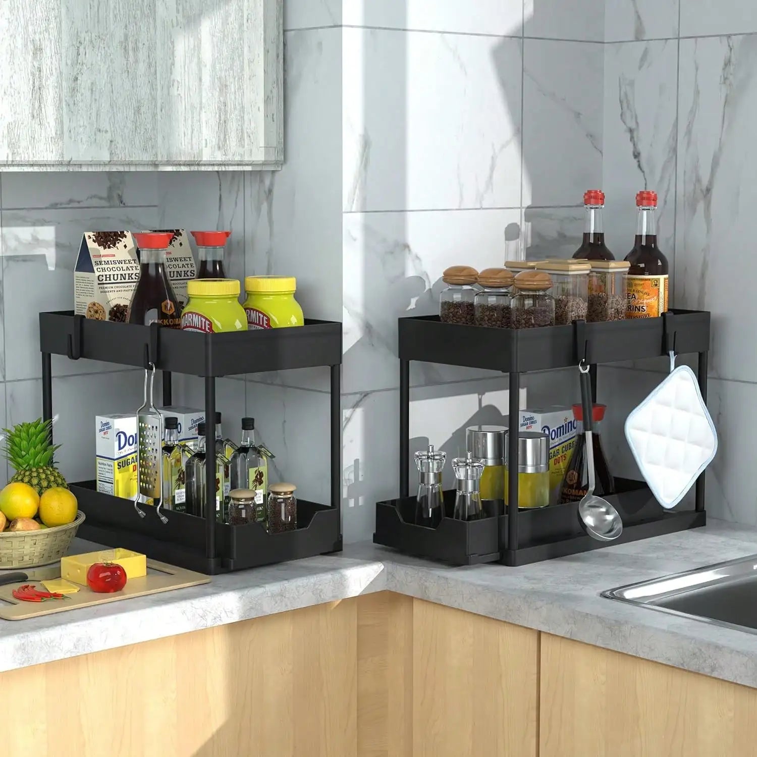 Black Nestlyra 2-tier under-sink organizer with pull-out storage rack