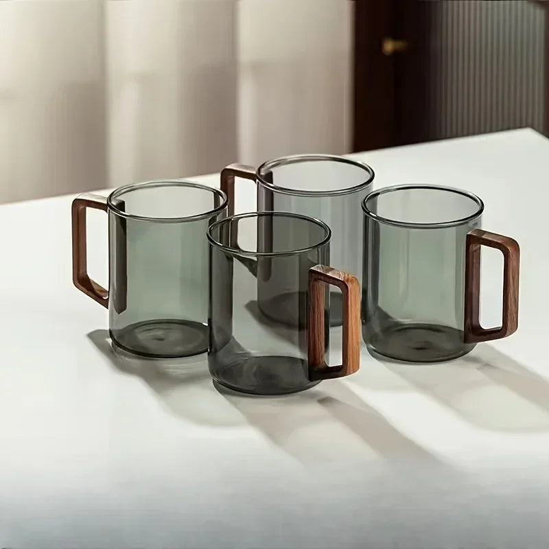 Insulated Glass Coffee Cups with Walnut Handle – 400ml