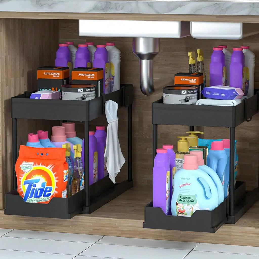 Black Nestlyra 2-tier under-sink organizer with pull-out storage rack