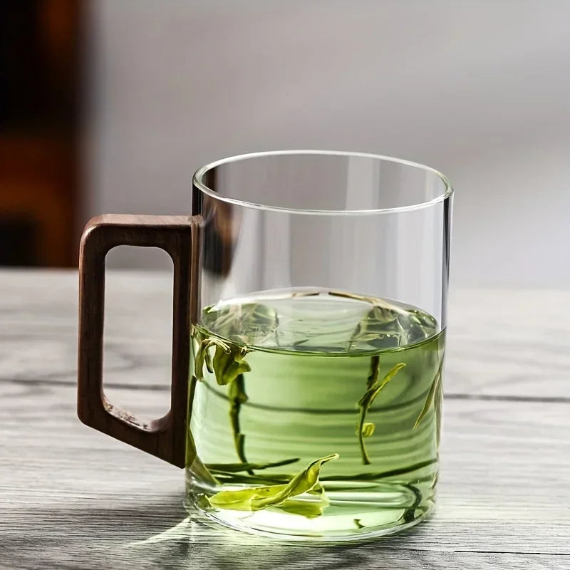 Insulated Glass Coffee Cups with Walnut Handle – 400ml