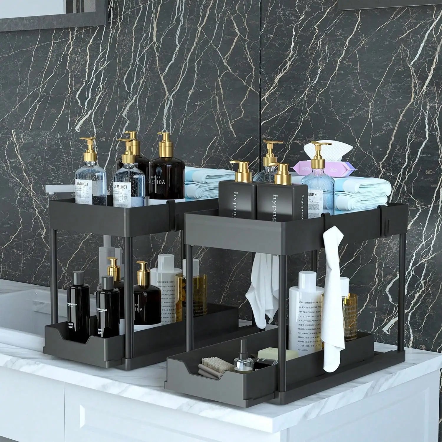 Black Nestlyra 2-tier under-sink organizer with pull-out storage rack